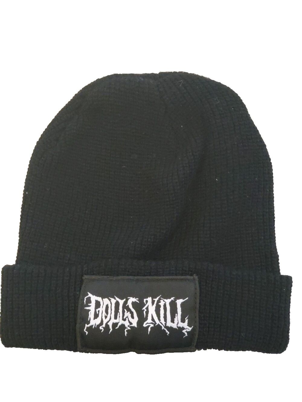 Dolls Kill Beanie Hat One Size Black Ribbed Knit Logo Patch Goth Streetwear